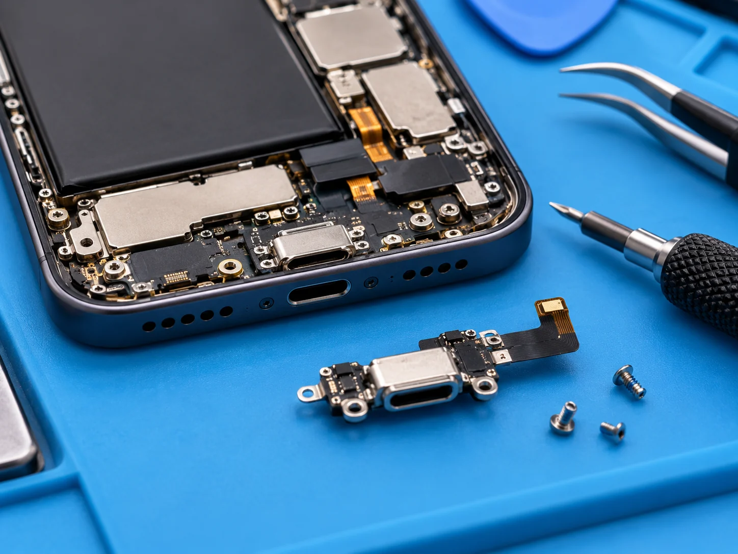 Foto técnica de reparación de pin de carga de iPhone