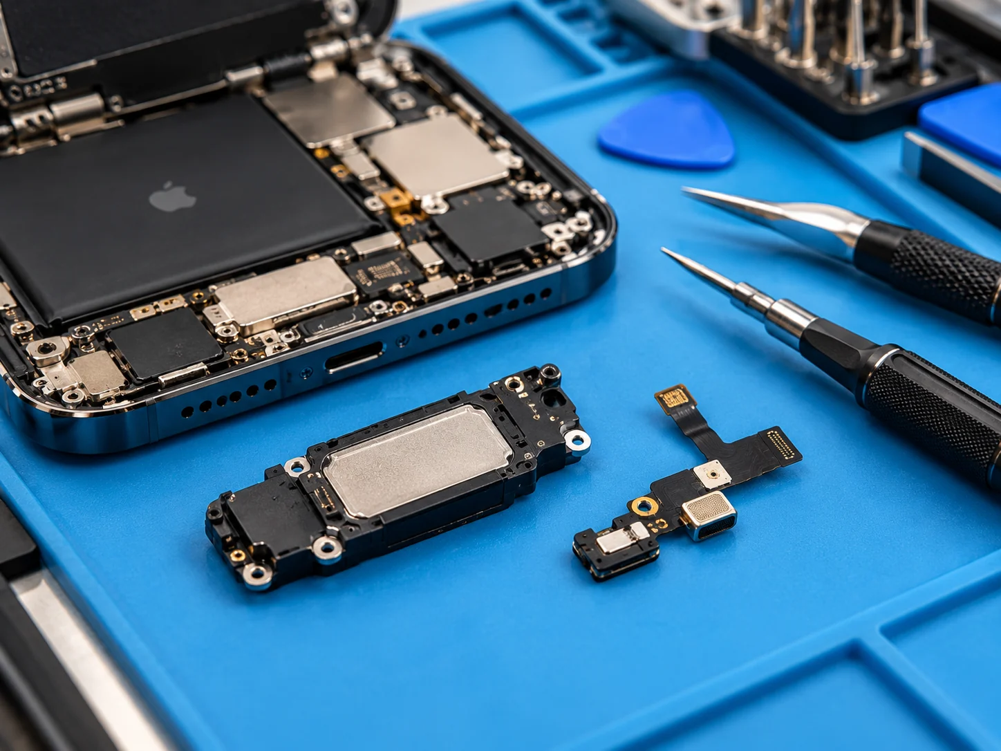 Foto técnica de reparación de audio y micrófono de iPhone