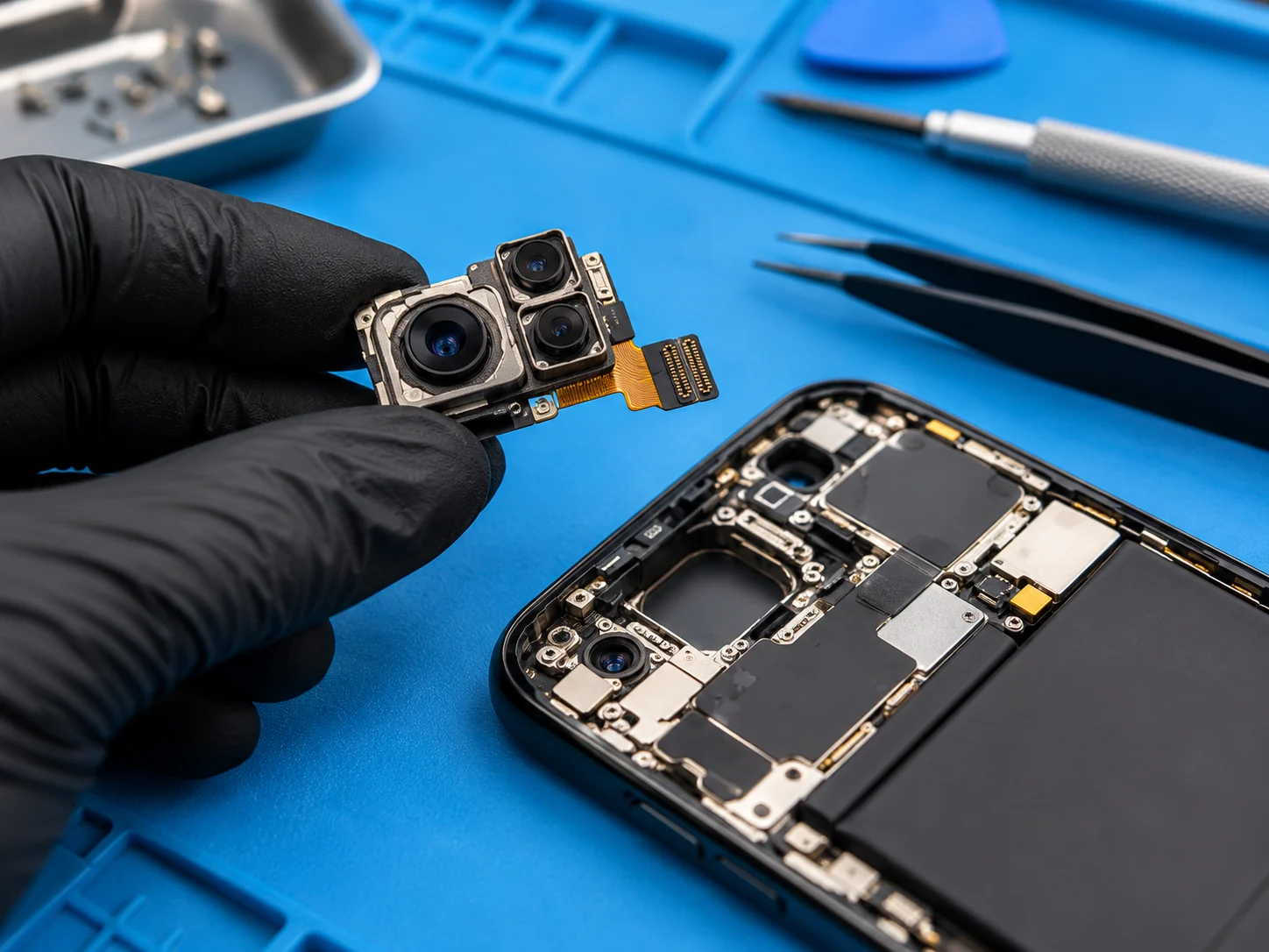 Foto técnica de reparación de cámara de iPhone
