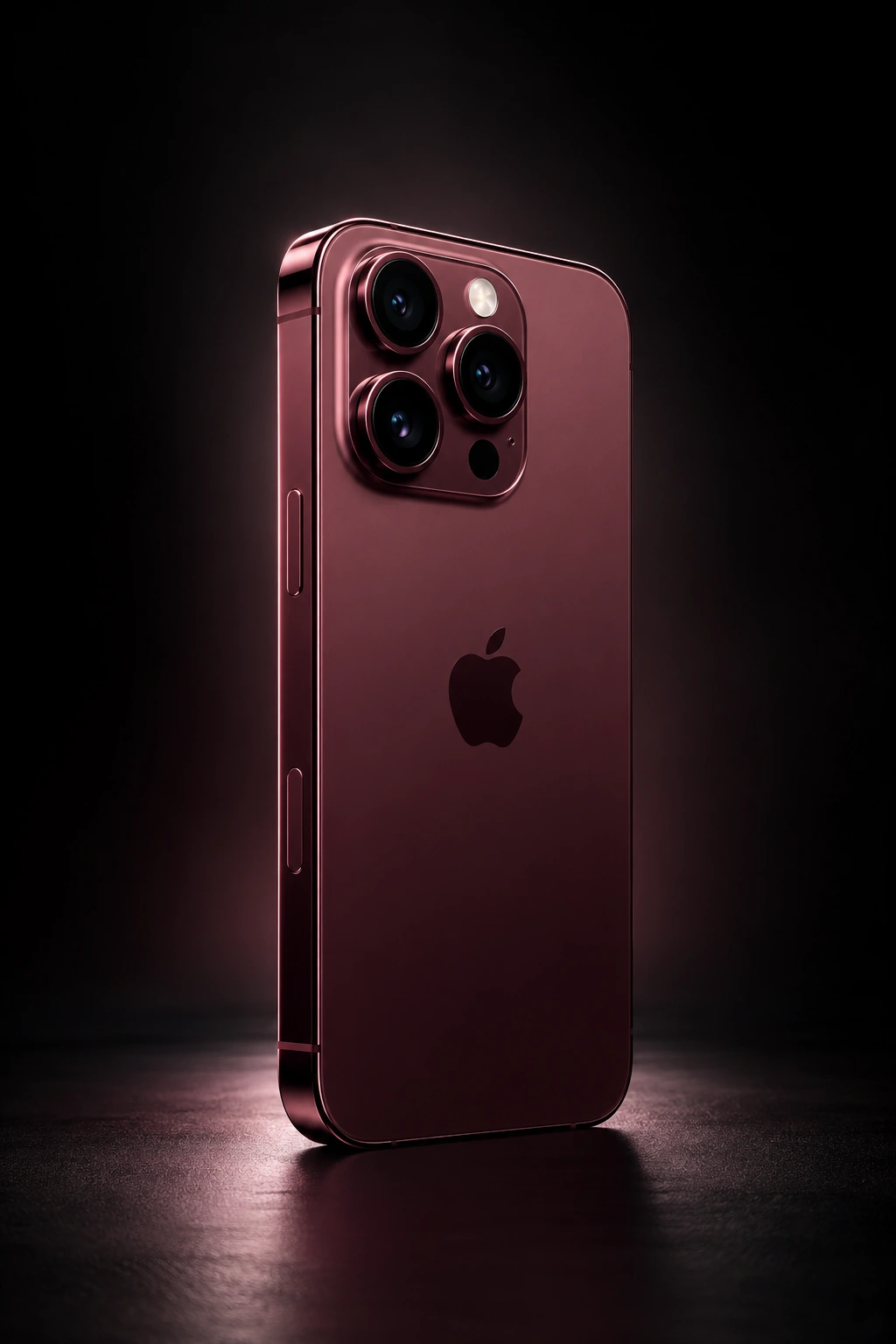 Imagen ilustrativa de iPhone color vino borgoña, vista trasera de tres cuartos